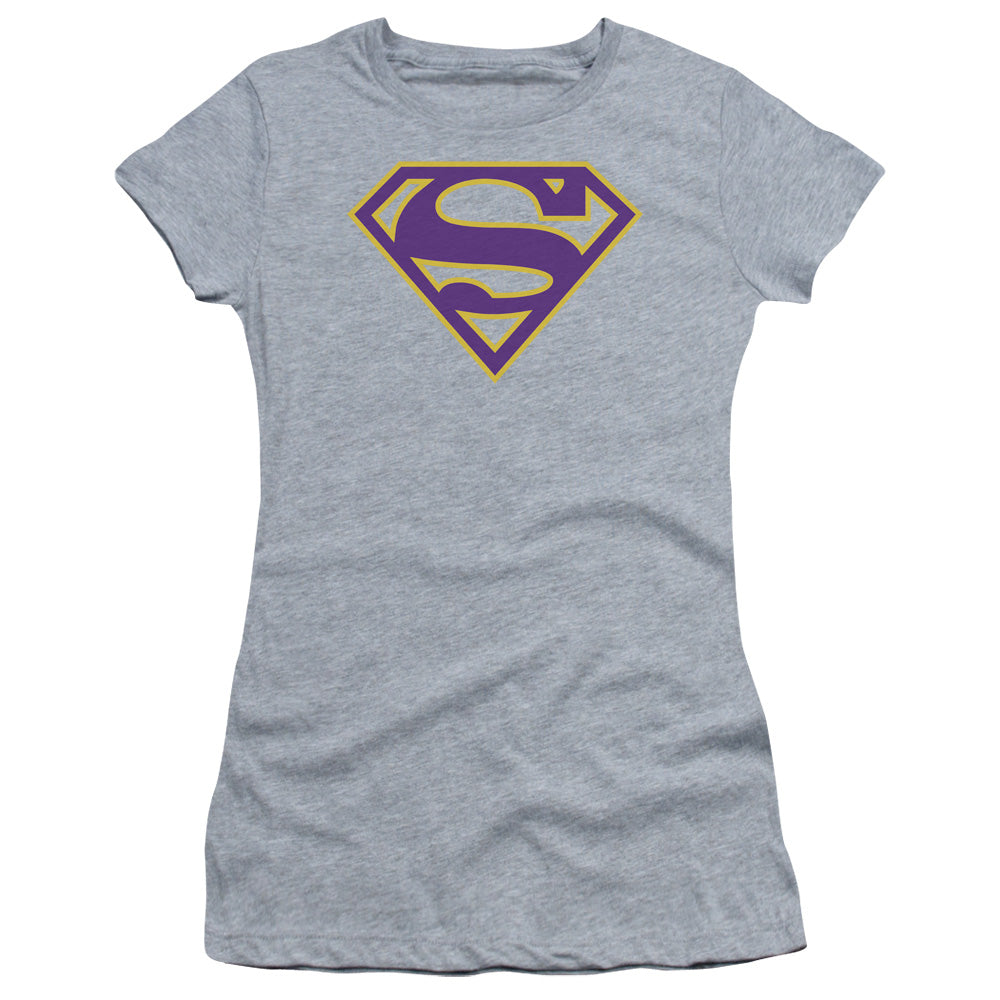 Superman - Purple & Gold Shield - Short Sleeve Junior Sheer - Athletic Heather T-shirt