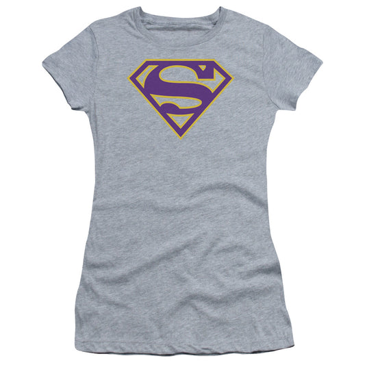 Superman - Purple & Gold Shield - Short Sleeve Junior Sheer - Athletic Heather T-shirt