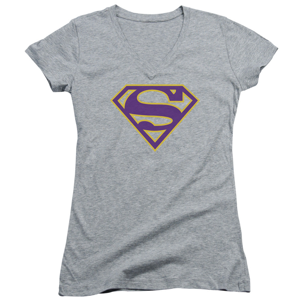 Superman - Purple & Gold Shield - Junior V-neck - Athletic Heather