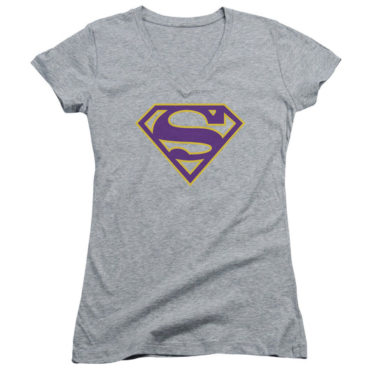 Superman - Purple & Gold Shield - Junior V-neck - Athletic Heather