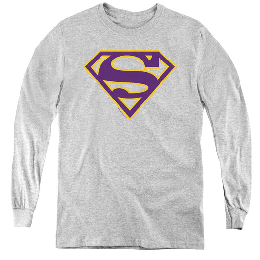 Superman - Purple & Gold Shield - Youth Long Sleeve Tee - Athletic Heather