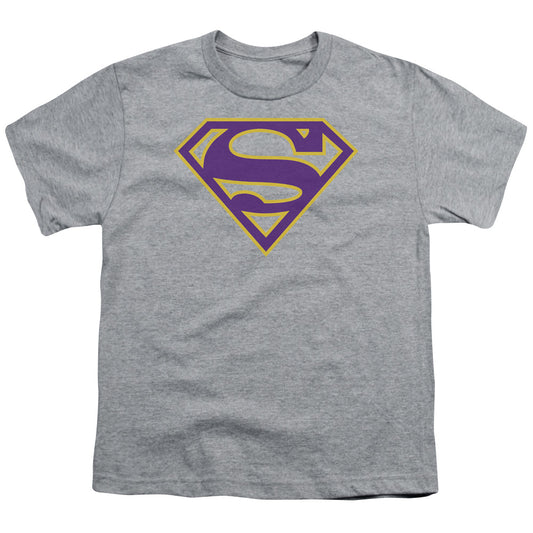 Superman - Purple & Gold Shield - Short Sleeve Youth 18/1 - Athletic Heather T-shirt