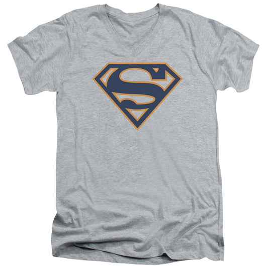 Superman - Navy & Orange Shield - Short Sleeve Adult V-neck - Athletic Heather T-shirt