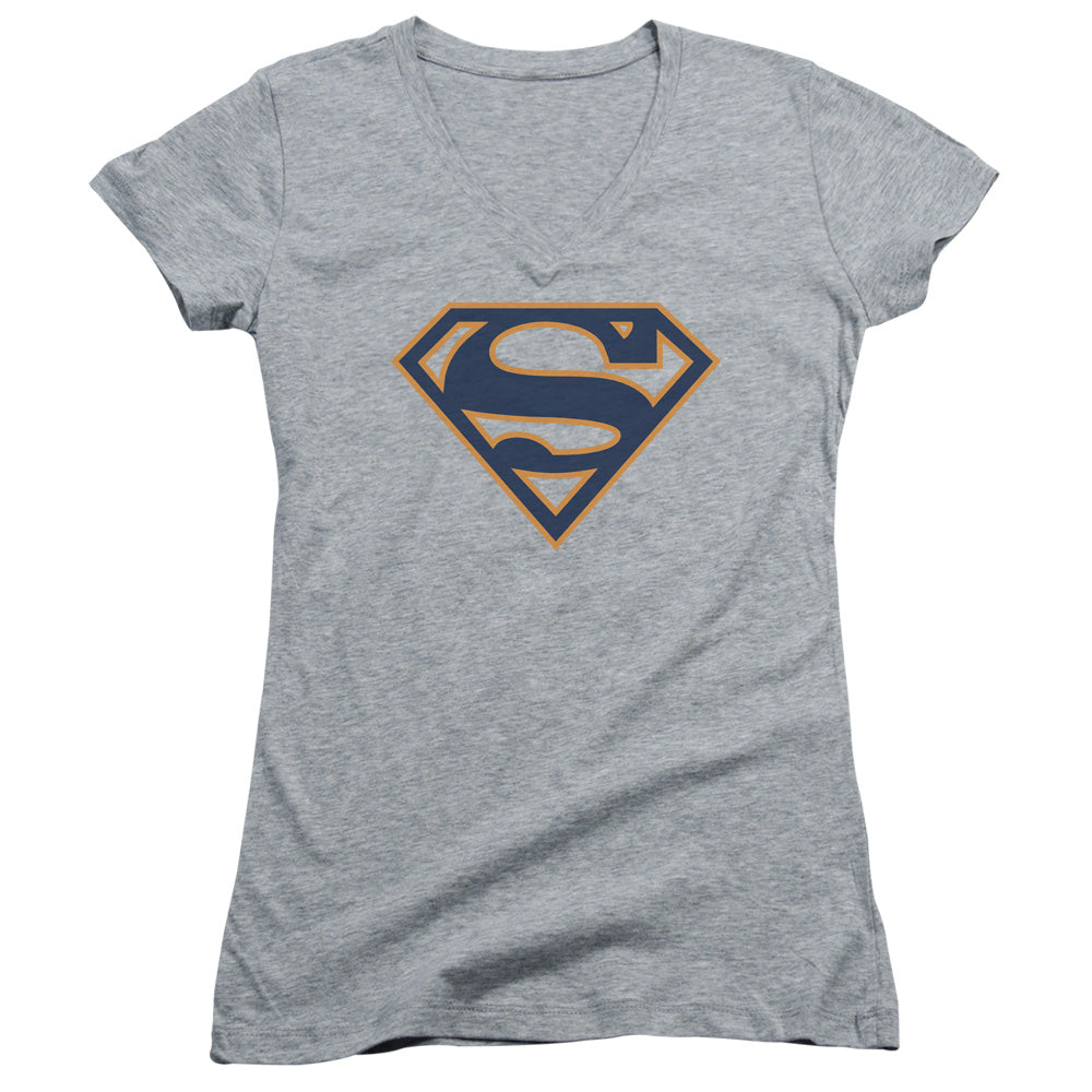 Superman - Navy & Orange Shield - Junior V-neck - Athletic Heather
