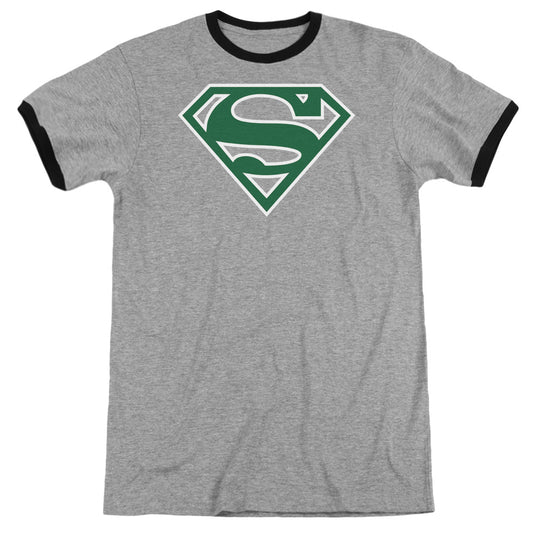 Superman - Green & White Shield - Adult Ringer - Heather/black
