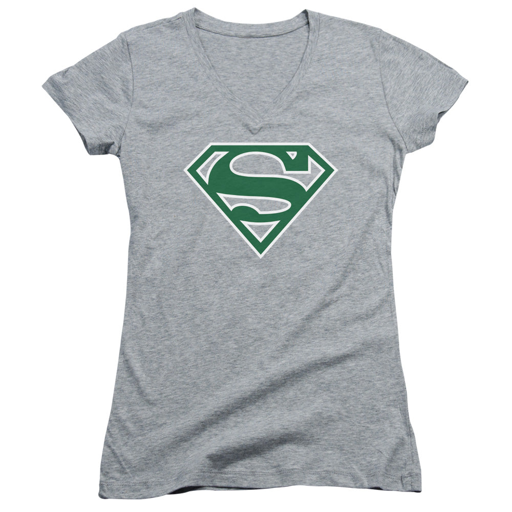 Superman - Green & White Shield - Junior V-neck - Athletic Heather