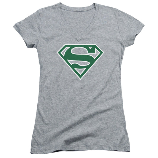 Superman - Green & White Shield - Junior V-neck - Athletic Heather