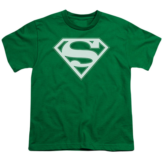 Superman - Green & White Shield - Short Sleeve Youth 18/1 - Kelly Green T-shirt