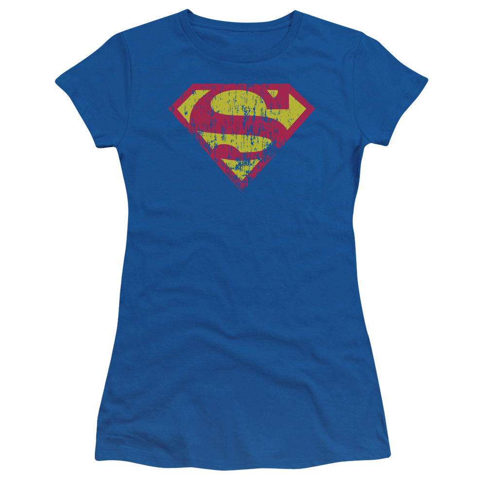 Superman - Classic Logo Distressed - Short Sleeve Junior Sheer - Royal Blue T-shirt