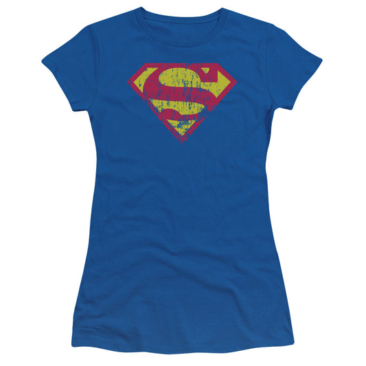 Superman - Classic Logo Distressed - Short Sleeve Junior Sheer - Royal Blue T-shirt