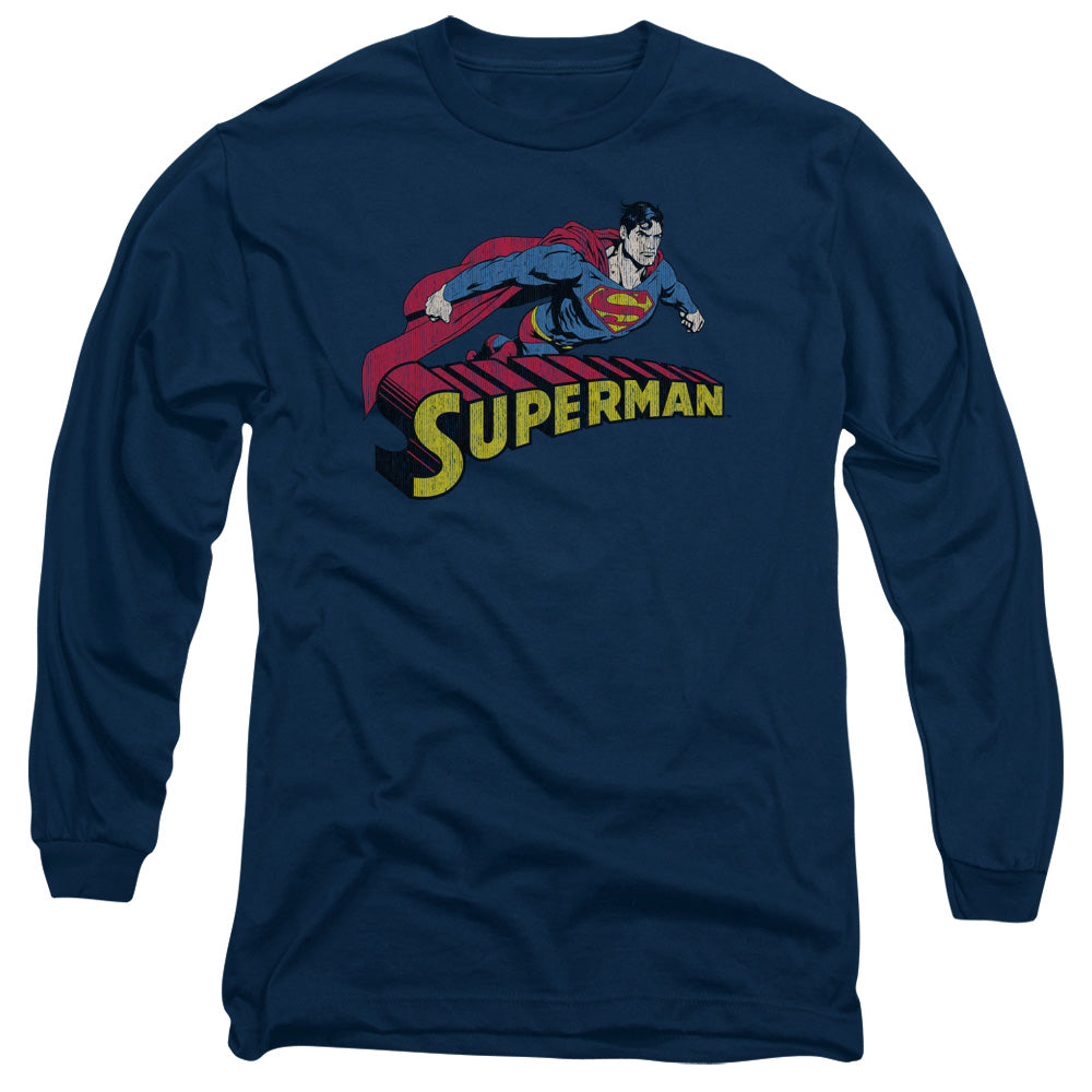 Superman - Flying Over - Long Sleeve Adult 18/1 - Navy T-shirt