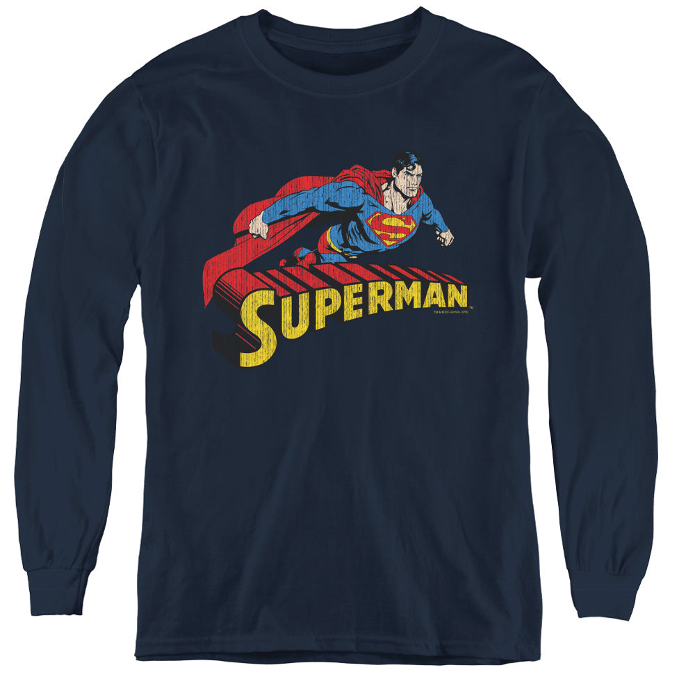 Superman - Flying Over - Youth Long Sleeve Tee - Navy