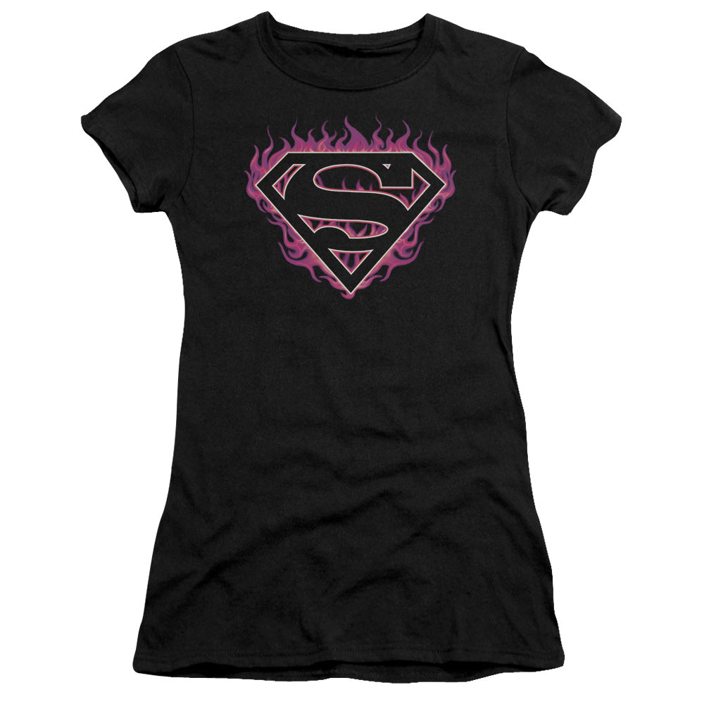 Superman - Fuchsia Flames - Short Sleeve Junior Sheer - Black T-shirt