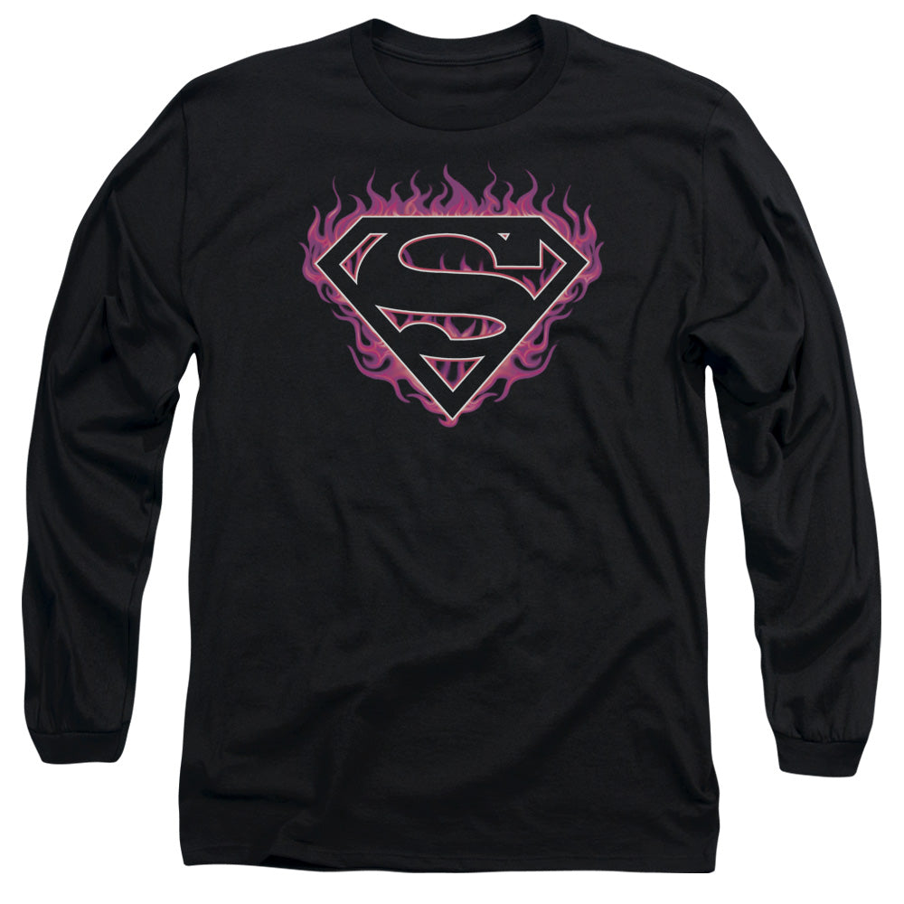 Superman - Fuchsia Flames - Long Sleeve Adult 18/1 - Black T-shirt