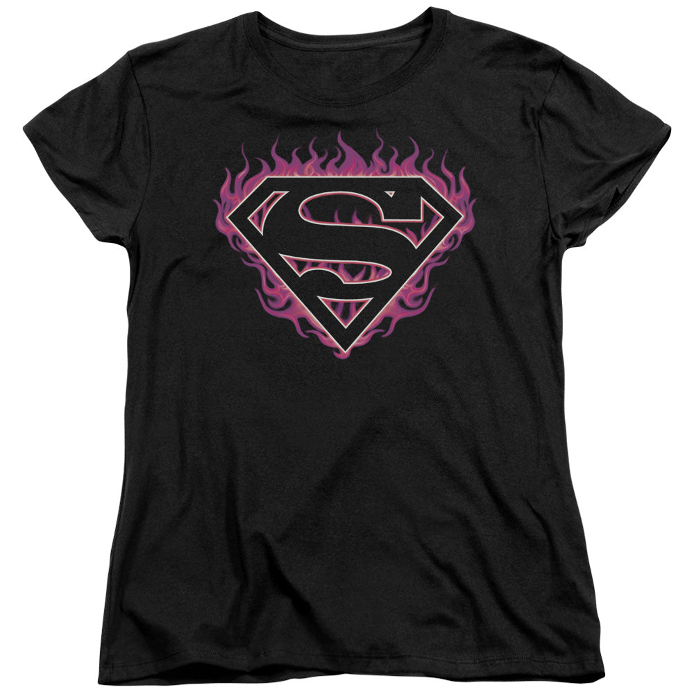 Superman - Fuchsia Flames - Short Sleeve Womens Tee - Black T-shirt