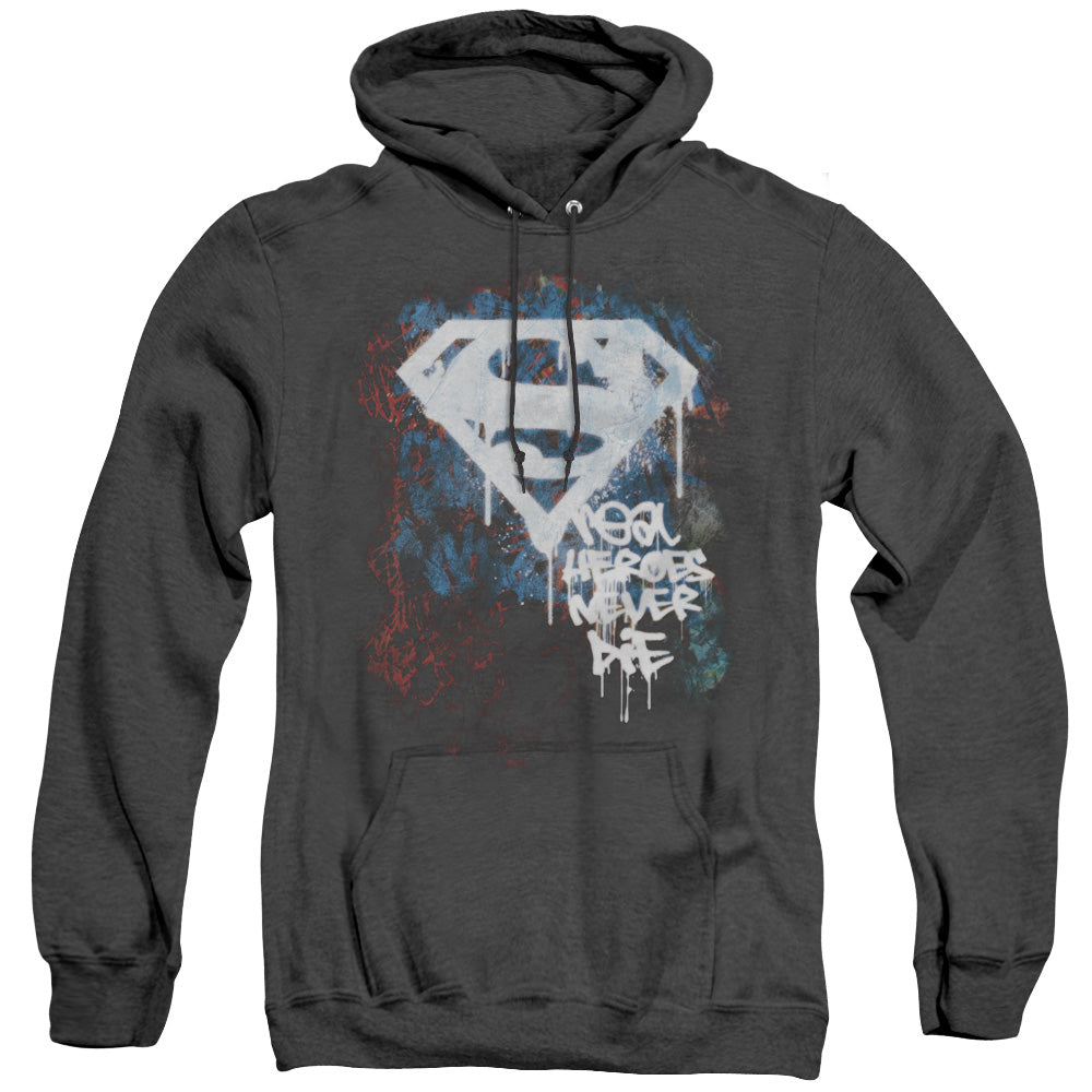 Superman - Real Heroes Never Die - Adult Heather Hoodie - Black
