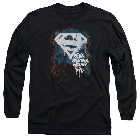 Superman - Real Heroes Never Die - Long Sleeve Adult 18/1 - Black T-shirt