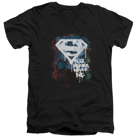Superman - Real Heroes Never Die - Short Sleeve Adult V-neck - Black T-shirt