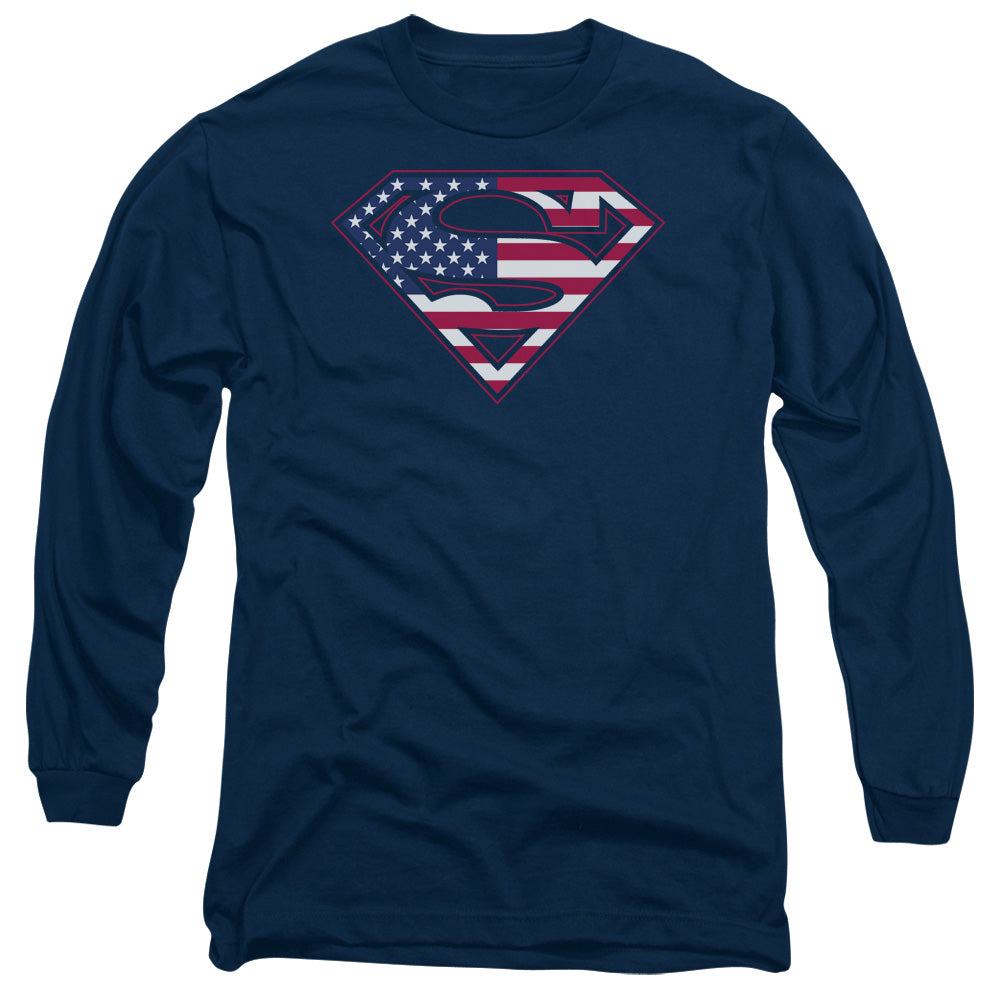 Superman - U S Shield - Long Sleeve Adult 18/1 - Navy T-shirt