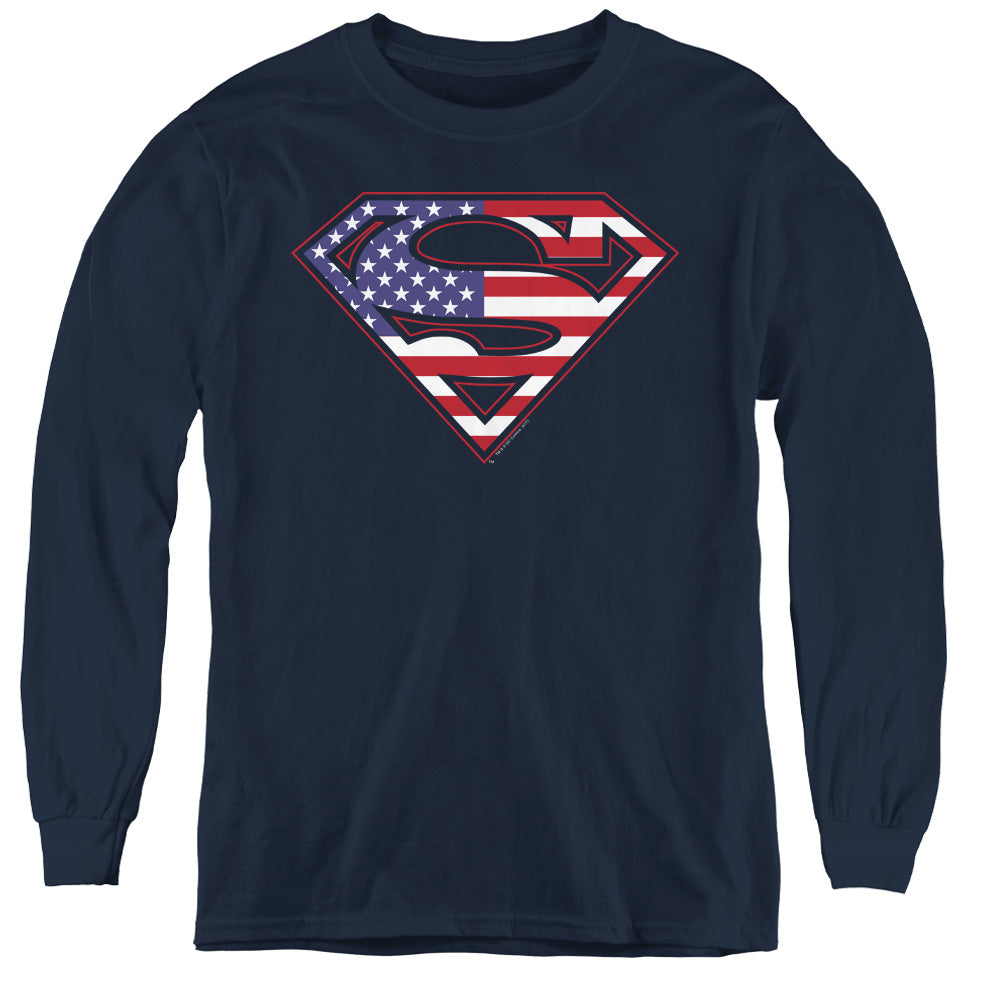 Superman - U S Shield - Youth Long Sleeve Tee - Navy
