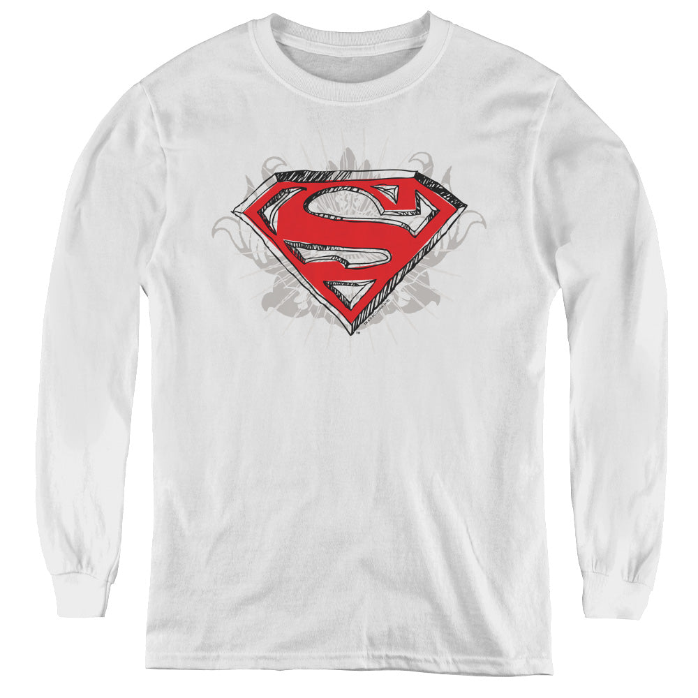 Superman - Hastily Drawn Shield - Youth Long Sleeve Tee - White