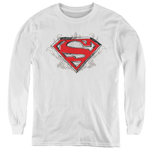 Superman - Hastily Drawn Shield - Youth Long Sleeve Tee - White