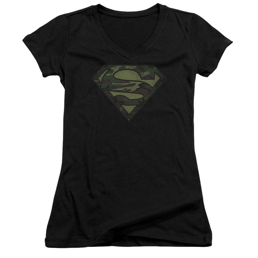 Superman - Camo Logo Distressed - Junior V-neck - Black