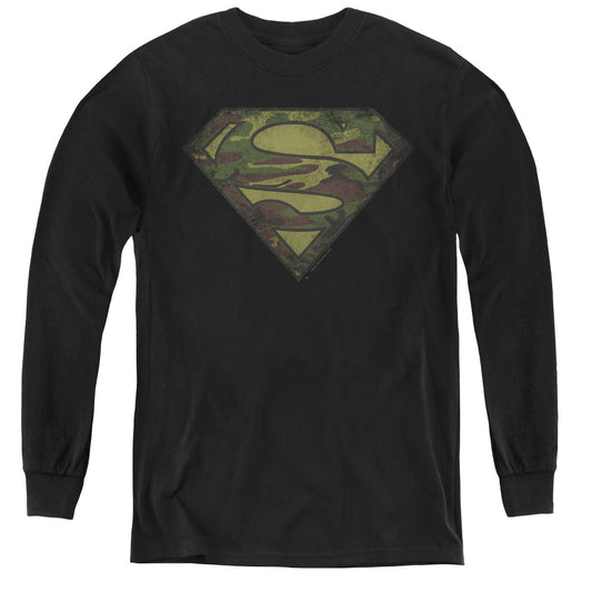 Superman - Camo Logo Distressed - Youth Long Sleeve Tee - Black