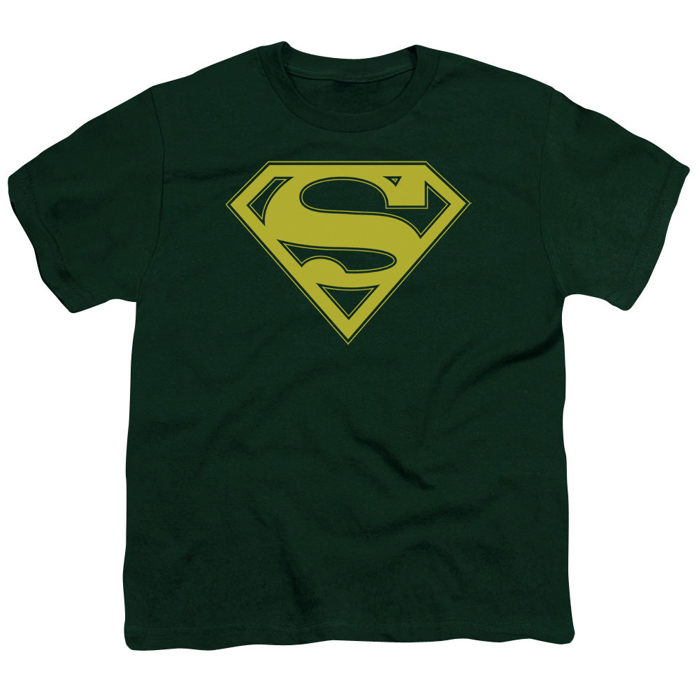 Superman - Yellow & Green Shield - Short Sleeve Youth 18/1 - Hunter Green T-shirt