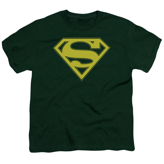 Superman - Yellow & Green Shield - Short Sleeve Youth 18/1 - Hunter Green T-shirt