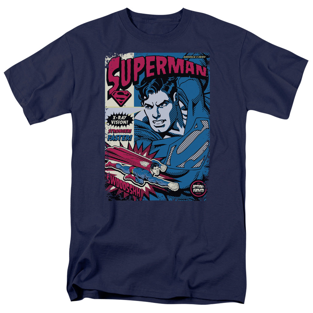 Superman - Action Packed - Short Sleeve Adult 18/1 - Navy T-shirt