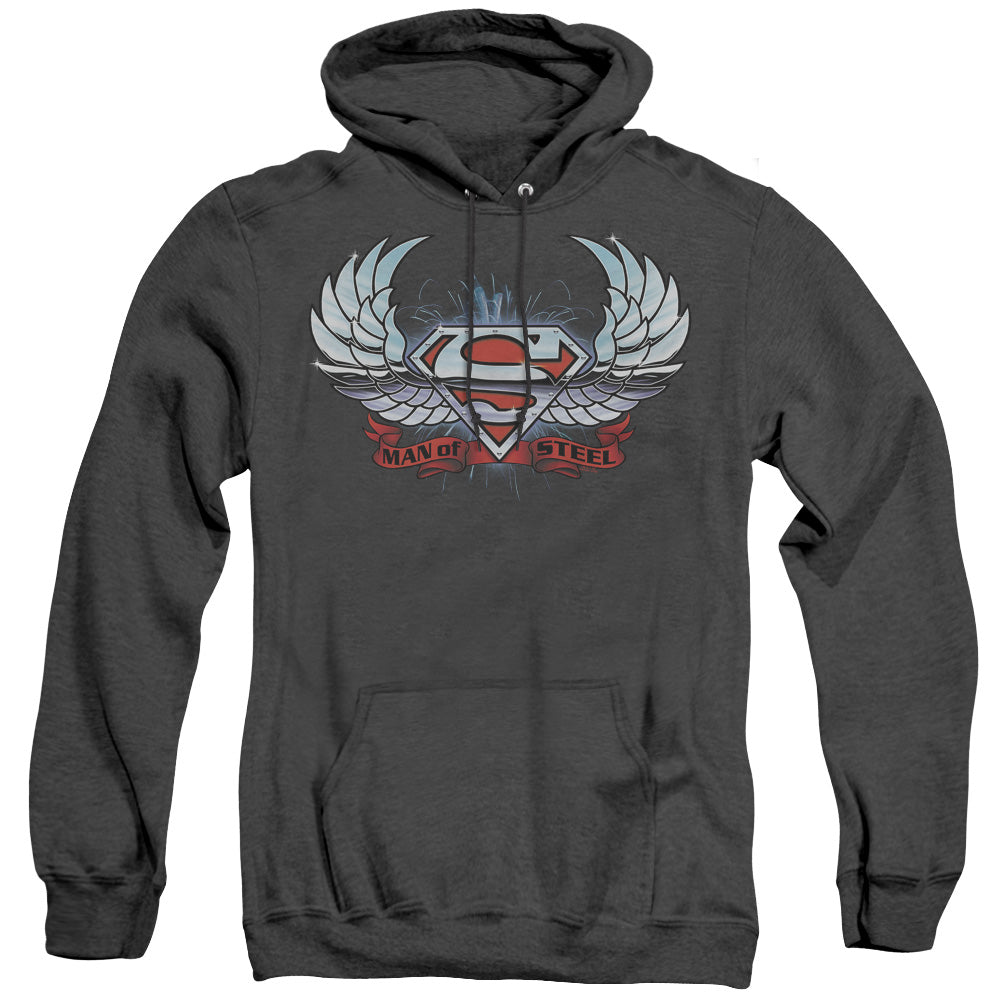 Superman - Chrome Wings Shield - Adult Heather Hoodie - Black