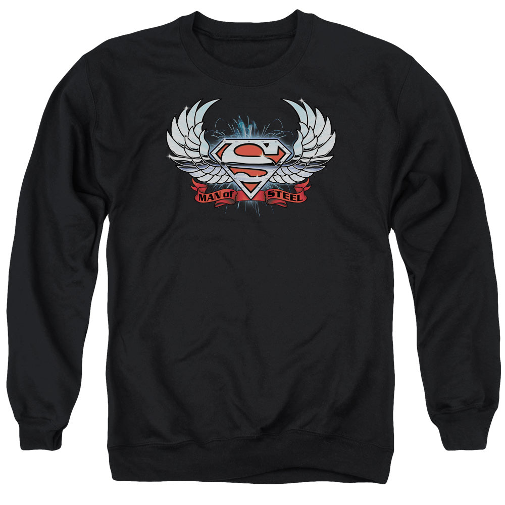 Superman - Chrome Wings Shield - Adult Crewneck Sweatshirt - Black