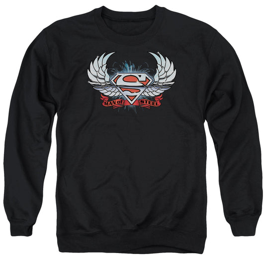 Superman - Chrome Wings Shield - Adult Crewneck Sweatshirt - Black
