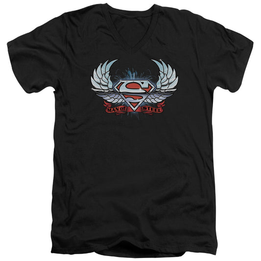 Superman - Chrome Wings Shield - Short Sleeve Adult V-neck - Black T-shirt