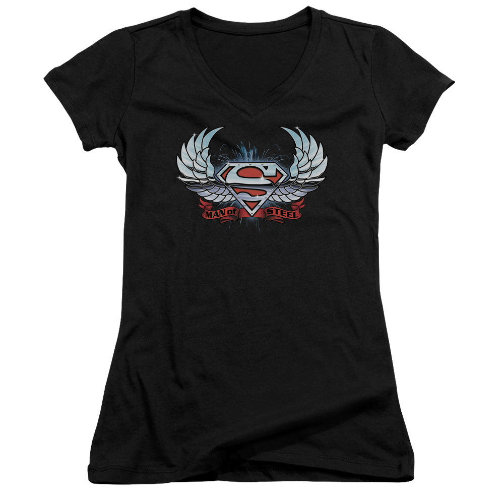 Superman - Chrome Wings Shield - Junior V-neck - Black