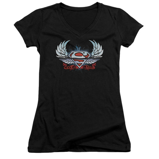 Superman - Chrome Wings Shield - Junior V-neck - Black