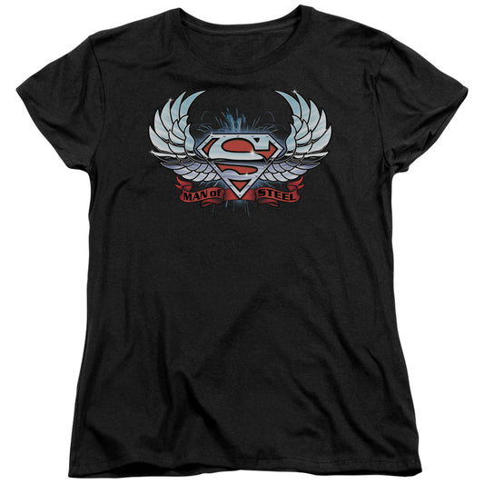 Superman - Chrome Wings Shield - Short Sleeve Womens Tee - Black T-shirt
