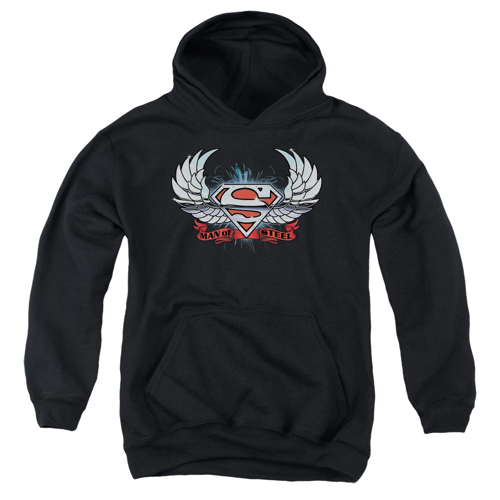 Superman - Chrome Wings Shield - Youth Pull-over Hoodie - Black