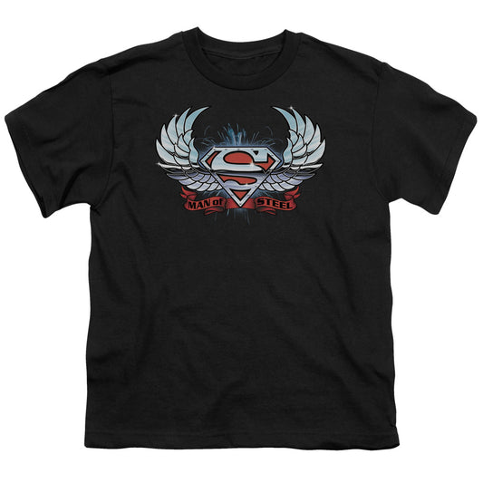Superman - Chrome Wings Shield - Short Sleeve Youth 18/1 - Black T-shirt