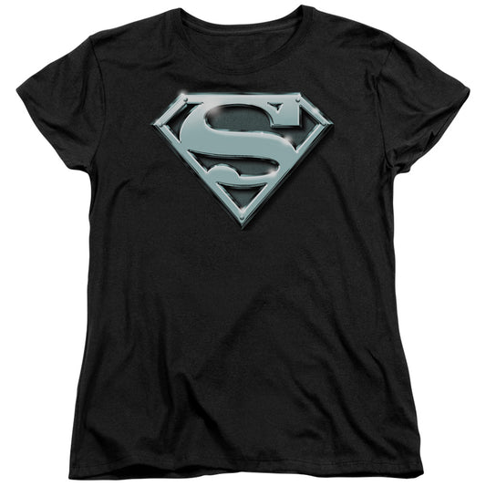 SUPERMAN CHROME SHIELD - S/S WOMENS TEE - BLACK T-Shirt