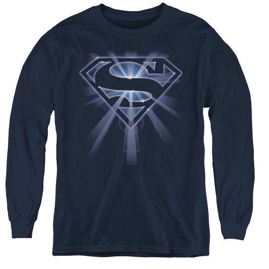 Superman - Glowing Shield - Youth Long Sleeve Tee - Navy