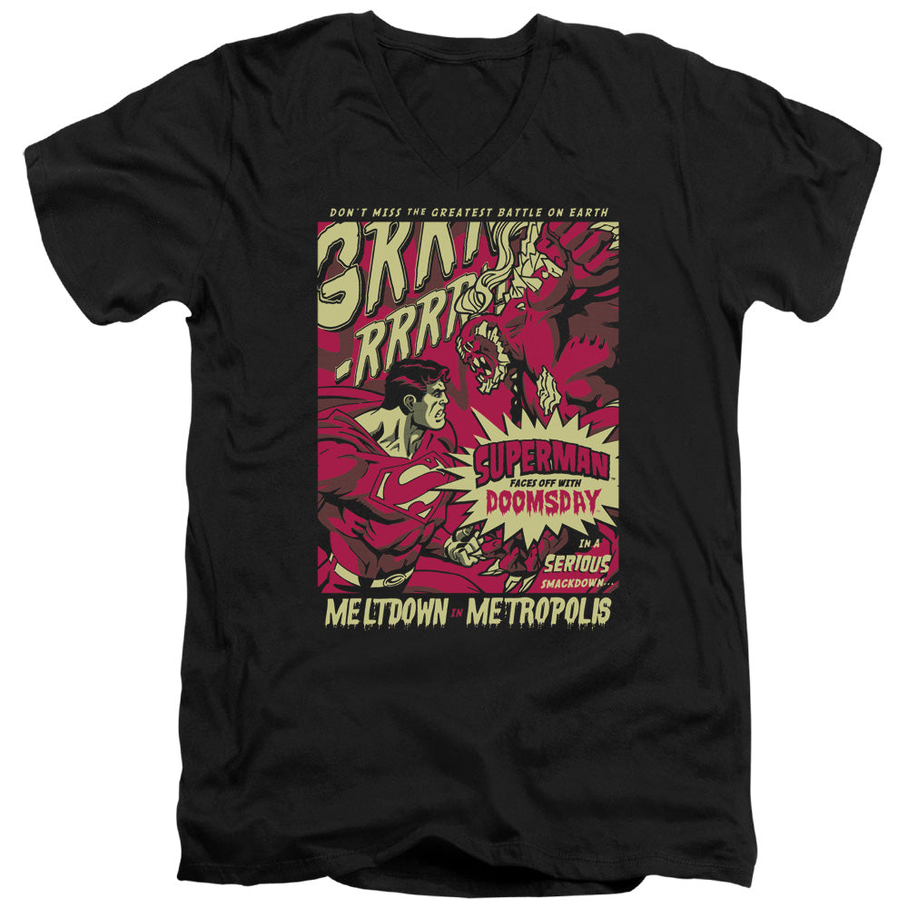 Superman - Metropolis Meltdown - Short Sleeve Adult V-neck - Black T-shirt