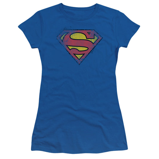 Superman - Destroyed Supes Logo - Short Sleeve Junior Sheer - Royal Blue T-shirt