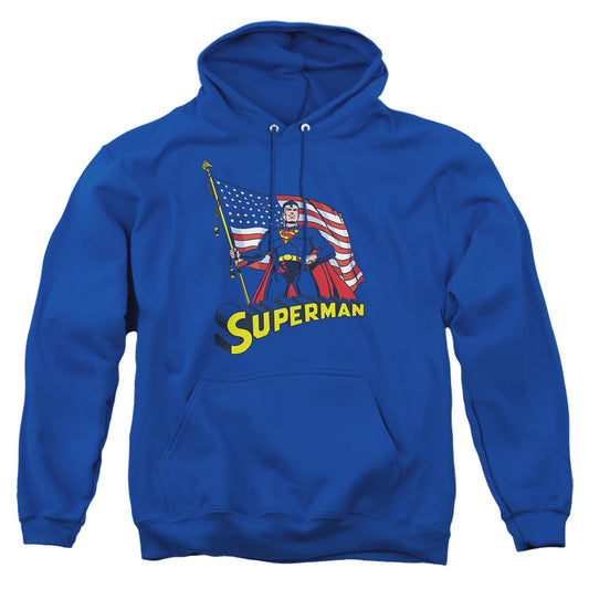 Superman - American Flag - Adult Pull-over Hoodie - Royal Blue