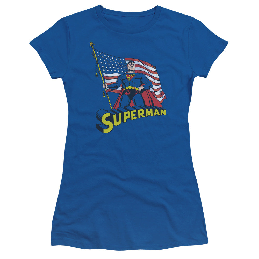 Superman - American Flag - Short Sleeve Junior Sheer - Royal Blue T-shirt