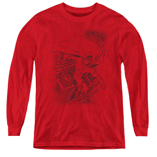 Superman In The City - Youth Long Sleeve Tee - Red