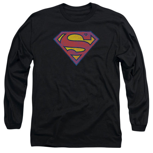 Superman - Sm Neon Distress Logo - Long Sleeve Adult 18/1 - Black T-shirt