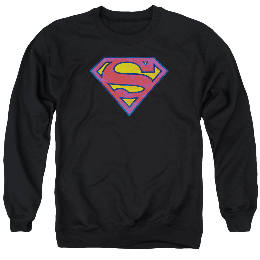 Superman - Sm Neon Distress Logo - Adult Crewneck Sweatshirt - Black