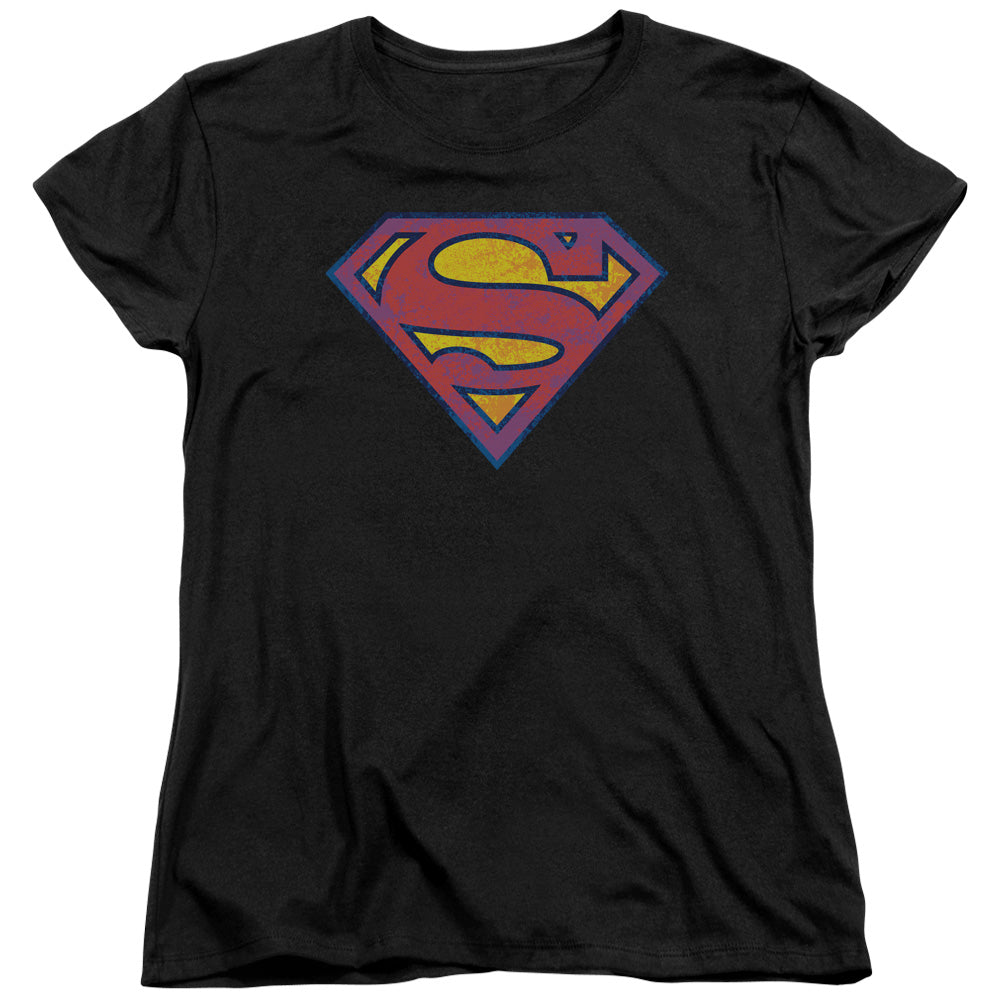 Superman - Sm Neon Distress Logo - Short Sleeve Womens Tee - Black T-shirt